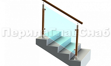 Ограждение с круглым деревянным поручнем с зажимными стеклодержателями и стойками с деревянными вставками купить в Санкт-Петербурге